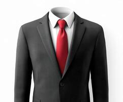Stylish black suit with red tie appearing headless against plain background photo