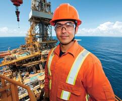 Worker on an offshore oil platform wearing safety gear while overseeing operations at sea in bright daylight photo