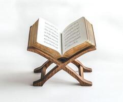 Open Quran on a wooden stand showcasing Arabic calligraphy in a serene setting for study and reflection photo