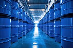 Warehouse lined with blue barrels creating a striking symmetry and clarity in industrial storage photo