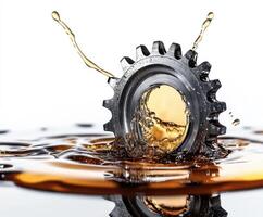 Gear splashing into liquid creates dynamic scene of mechanical interaction and fluid dynamics in a studio setting photo