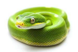 Colorful green snake coiled with bright scales observed on a clean white background photo