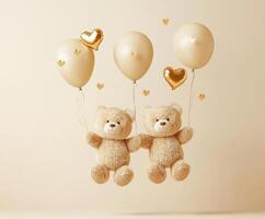 Two teddy bears hold golden heart balloons in a celebration setting with a soft background photo