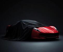 Red sports car covered in black fabric reveals anticipation for an exciting launch event ahead photo