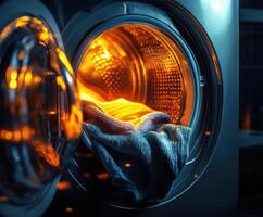 Warm laundry drying in a modern washing machine during evening hours at a cozy home photo