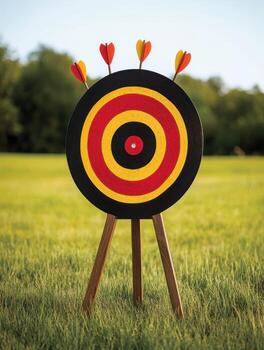 Archery target with arrows in a green field during daylight displays sport and precision skills for enthusiasts and beginners alike photo