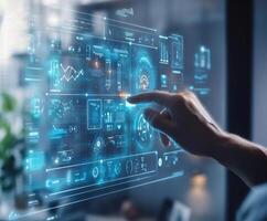 Innovative technology interface display with user interaction in modern workspace photo