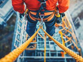 Worker is harnessed and rappelling from a tall construction structure at sunset, demonstrating safety and skill in high-altitude environments photo