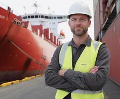 Worker stands confidently at cargo port beside large red shipping vessel during daylight hours photo