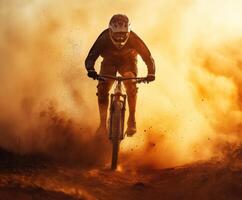 Mountain biker maneuvers skillfully through a cloud of dust during an intense ride at sunset photo