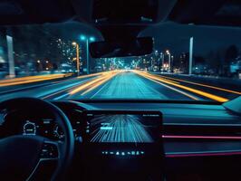 Dynamic nighttime drive through a city with vibrant light trails and modern car interior aesthetics photo