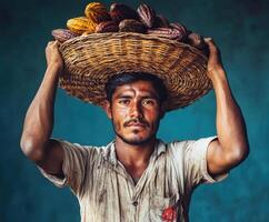 Man carrying cacao pods in a woven basket against a blue background in a rural setting photo