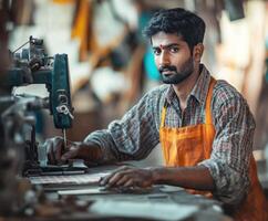 Skilled young man working at a woodworking shop wearing an apron and focused on craftsmanship photo