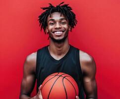Young athlete smiles while holding a basketball against a vibrant red background in a cheerful moment photo