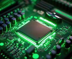 Close-up view of a glowing microprocessor on a circuit board showcasing intricate details and technology photo