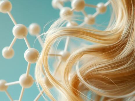 Close-up of flowing blonde hair with molecular structure in background representing beauty science and innovation photo