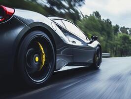 Racing on a wet road with a sleek sports car amidst a lush forest backdrop near a winding track photo