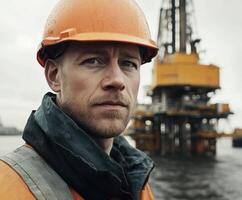 Worker in orange hard hat stands near offshore oil drilling platform on a cloudy day photo