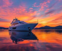Luxurious yacht anchored in tranquil waters during a vibrant sunset over serene hills photo