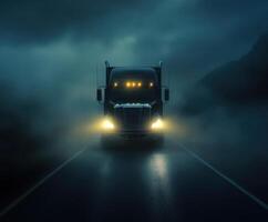 Dark and stormy journey of a truck on a winding road at night with fog and rain photo