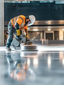 Worker performs floor polishing in a modern commercial building during the day photo