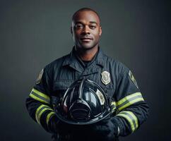 Firefighter poses confidently with helmet in dark studio background highlighting dedication to service and bravery photo