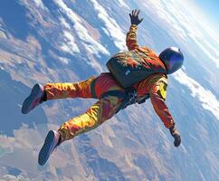 Skydiver performs a thrilling jump over expansive landscapes during a sunny day in the mountains photo