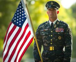 Serviceman standing proudly with American flag during ceremony in bright daylight photo