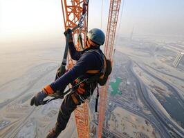 High-altitude construction worker safely descending a tower in a desert city during sunset photo