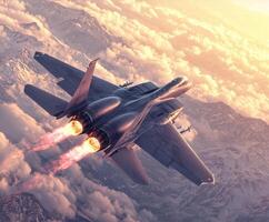 Modern jet fighter soaring above snow-capped mountains during sunset with vibrant exhaust flames trailing photo