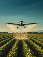 Agricultural plane sprays crops over expansive green fields during golden hour photo