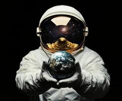 Astronaut holding Earth while observing the cosmos in a space suit with a reflective visor photo