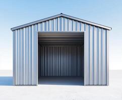 Metal storage building with open front in bright daylight, suitable for various outdoor uses photo