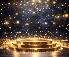 Shimmering golden podium with sparkling lights creates a magical atmosphere at an evening celebration event photo