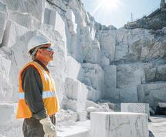 Worker surveying the marble quarry with bright sunlight illuminating the rocky landscape in daytime photo