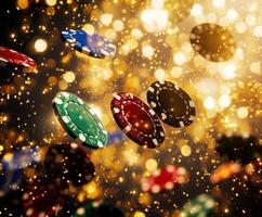 Colorful casino chips flying through the air surrounded by sparkling lights and golden glitter photo