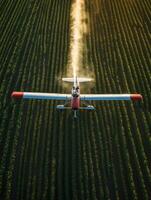 Aerial view of a crop-dusting aircraft flying over green fields at sunset photo