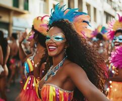 Colorful carnival celebration featuring joyful dancers in vibrant costumes and ornate masks during a lively street festival photo