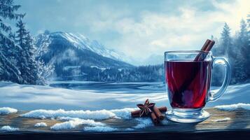 Warm beverage with cinnamon sticks against a snowy mountain backdrop during winter season in a serene landscape photo