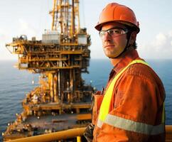 Dedicated oil rig worker monitoring operations while facing the ocean in bright orange safety gear during sunset photo