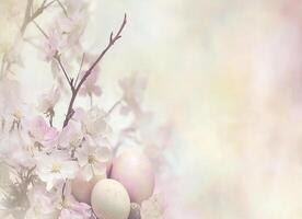Pascua de Resurrección huevos y primavera flores creando un hermosa pastel antecedentes foto