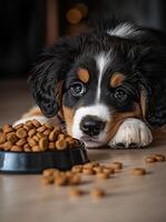 Adorable bernese mountain dog puppy lying by food bowl photo