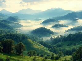 Stunning morning mist rolling over hills and forest in mountain photo