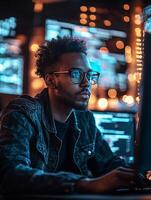 Software developer working on computer code in modern office at night photo
