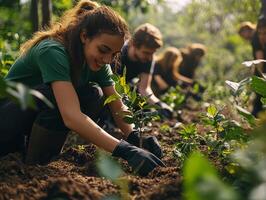 Volunteers planting trees in the forest photo