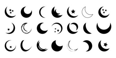 Crescent moon icon set. Crescent design with stars. Boho moon illustration. Different crescent moon with star designs. vector