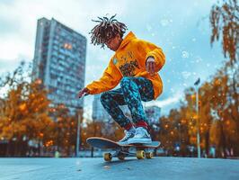 Young skater jumping with skateboard in a city park, surrounded by digital icons photo