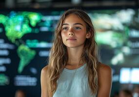 Young girl observing big data analysis on multiple computer screens photo