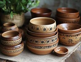 Ceramic bowl with traditional decorations sitting on burlap surface photo