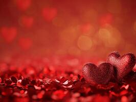 Valentine day red background featuring sparkling red hearts and bokeh effect photo